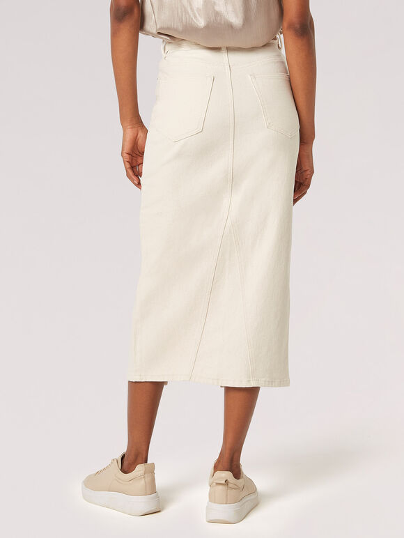 Split Seam Denim Midi Skirt, Cream, large