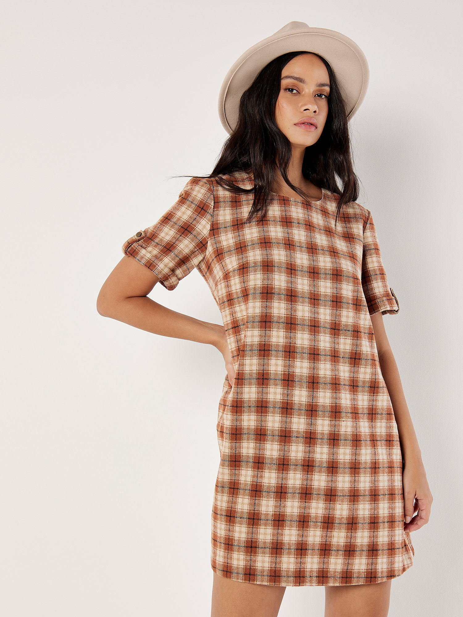Check Print Swing Mini Dress Apricot Clothing