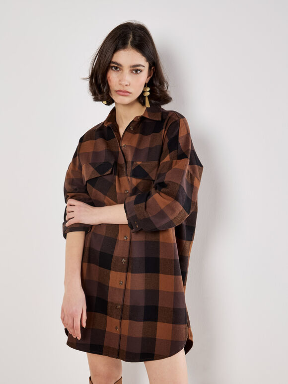 Oversized Check Shirt Mini Dress, Brown, large