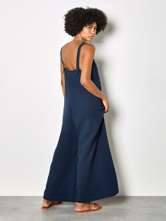 Wide-Leg Textured Cotton Jumpsuit, Navy, large