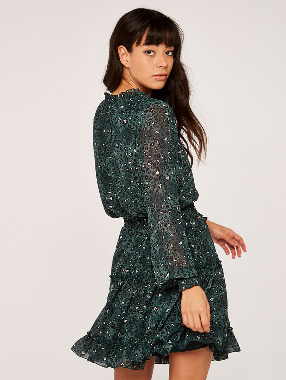 Leopard Tiered Pussybow Dress, Green, large