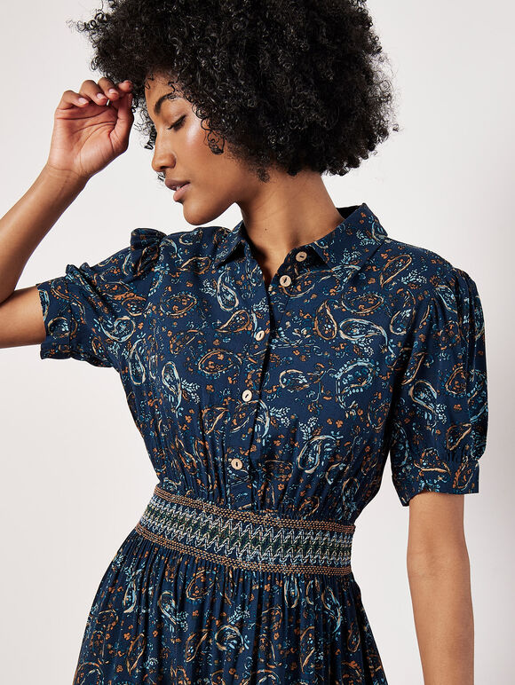 Paisley Shirt Midi Dress, Navy, large