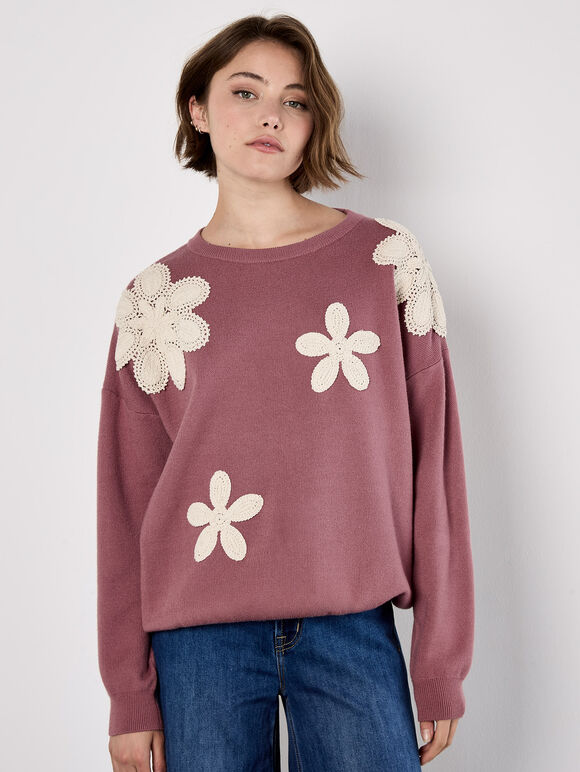 Crochet Daisies Jumper, Pink, large