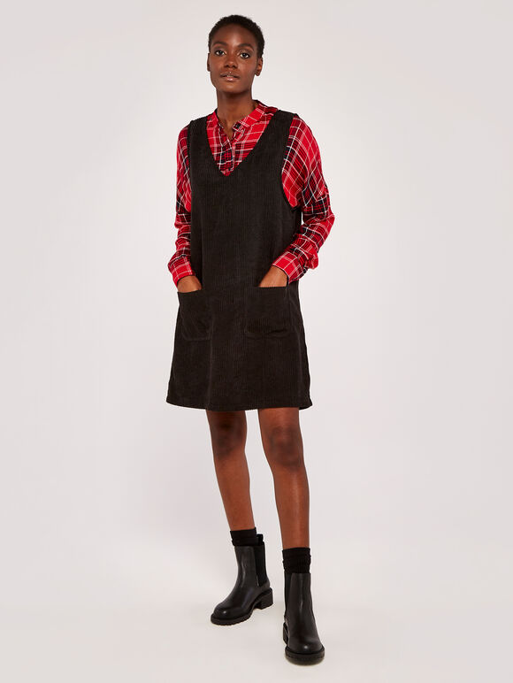 Corduroy 2 Pocket Pinafore Dress, Black, large