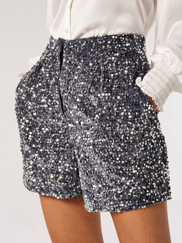 Sequin Velvet Shorts, Light Grey / Silver, large