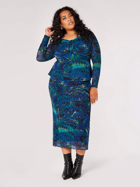 Curve Marble Mesh Top & Skirt-Blue, , large