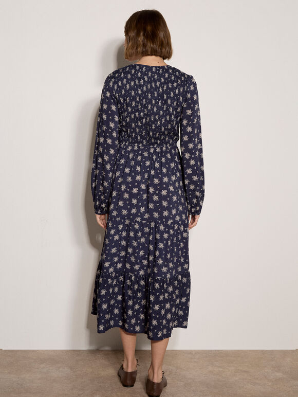 Smocked Floral Midi Dress, Navy, large