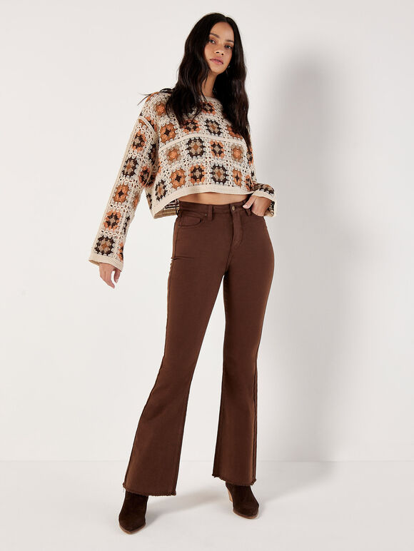 Crochet Squares Cropped Jumper, Stone, large