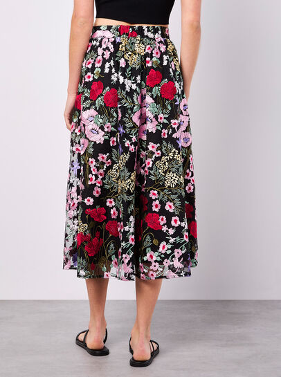 Embroidered Floral Mesh Midi Skirt