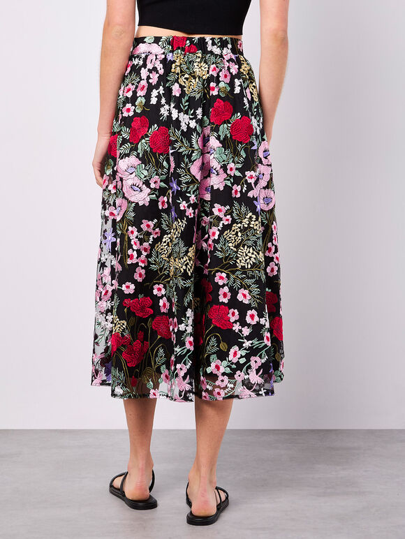 Embroidered Floral Mesh Midi Skirt, Black, large