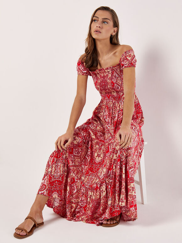 Scarf Print Milkmaid Maxi Dress, Red, large