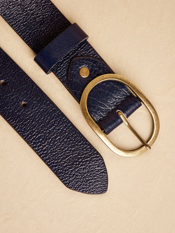 Thin Leather Gold Buckle Belt, Navy, large