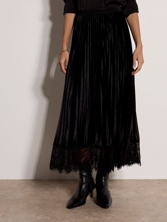Pleated Velvet Lace Trim Midi Skirt, Black, large