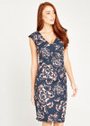 Cabbage Rose V Neck Ruched Dress, Navy, large