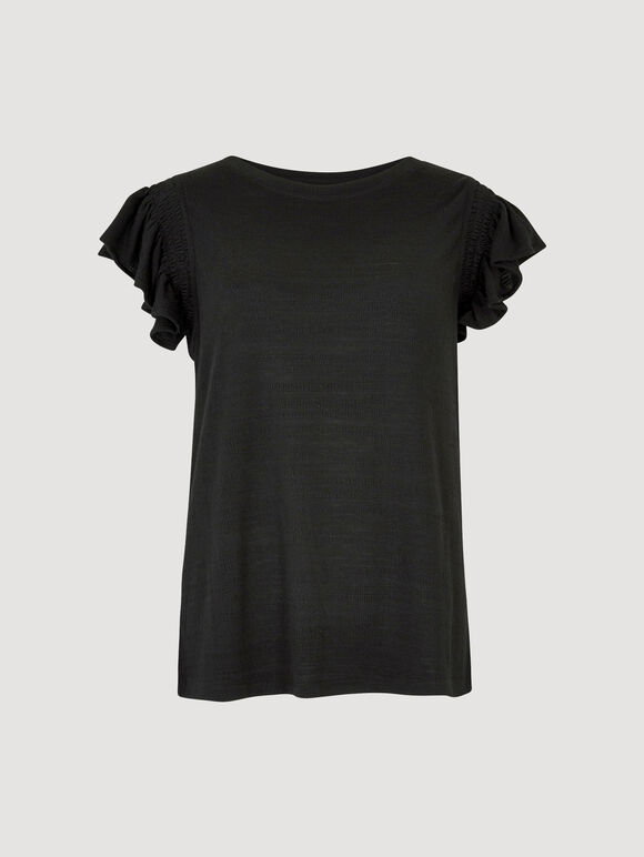 Soft Slub Ruffle Sleeve T-Shirt, Black, large