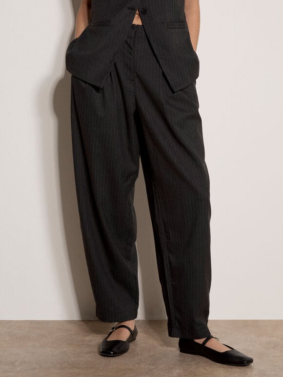 Pinstripe Wide-Leg Balloon Trousers, Dark Grey/Charcoal, large