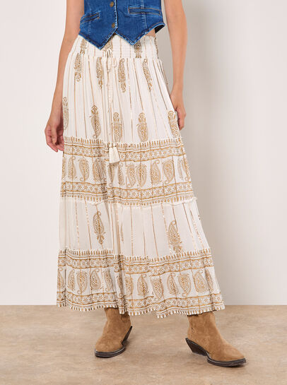 Gold Foil Paisley Tiered Maxi Skirt