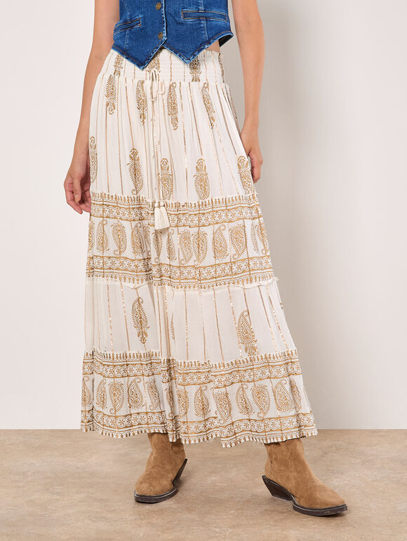 Gold Foil Paisley Tiered Maxi Skirt, Cream, large