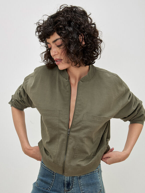 Lightweight Denim Bomber Jacket, Khaki, large