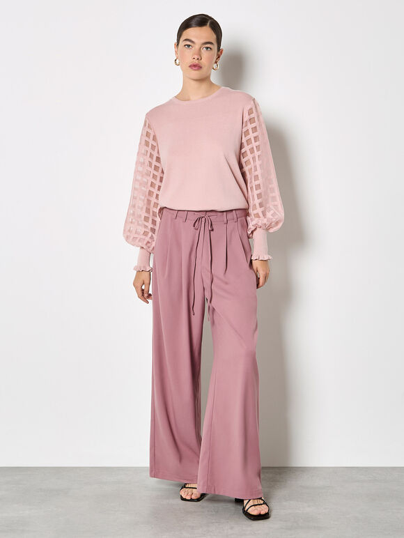 Contrast Organza Sleeves Jumper, Pink, large