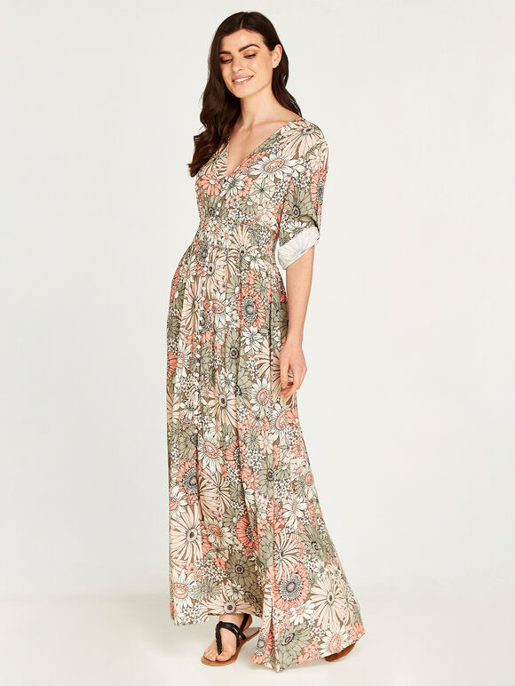 Retro Floral Smock Maxi Dress, Khaki, large