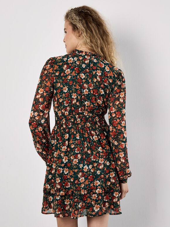Floral Ruffle Chiffon Mini Dress, Green, large