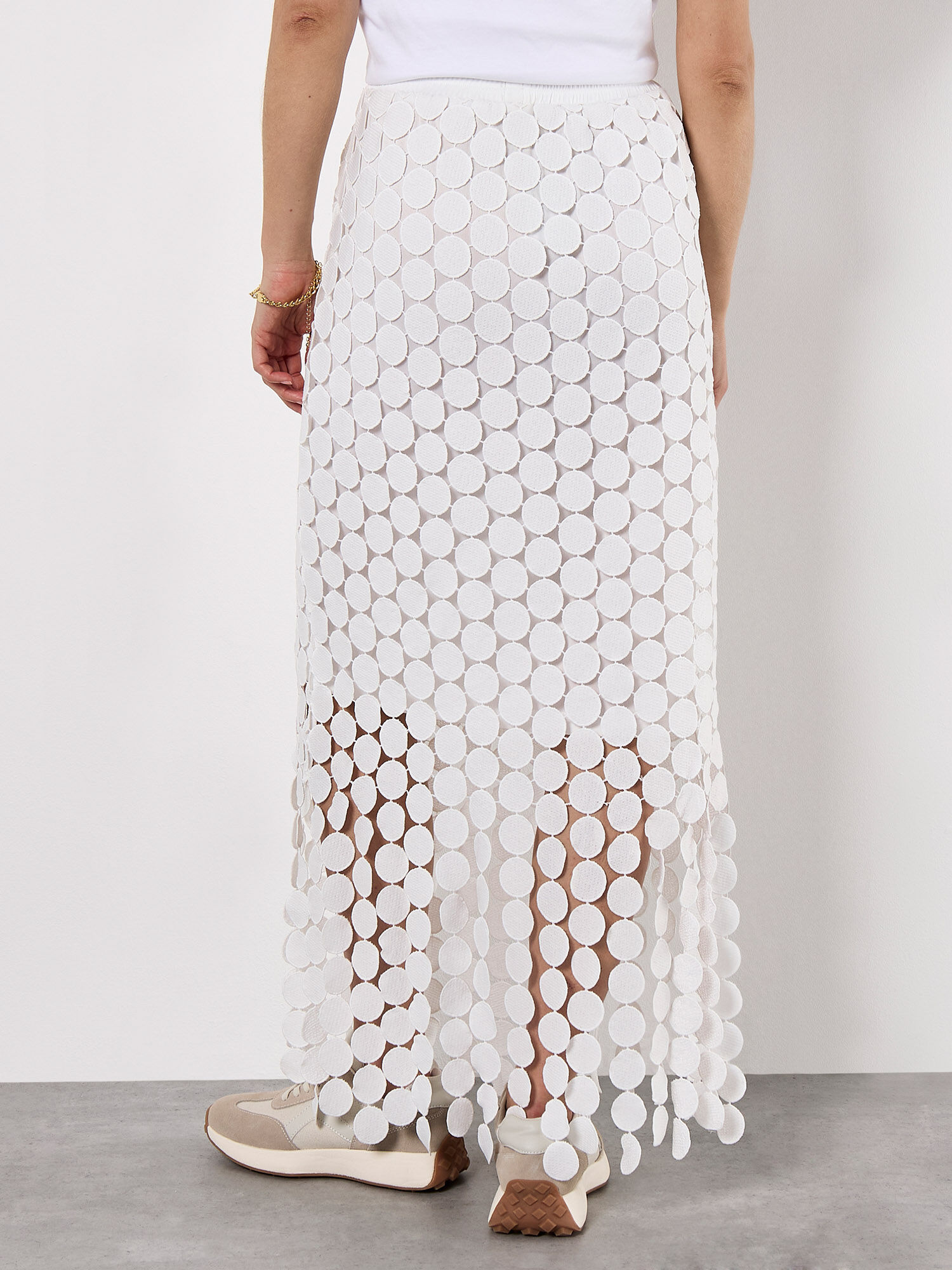 Guipure Circle Lace Fringe Maxi Skirt | Apricot Clothing