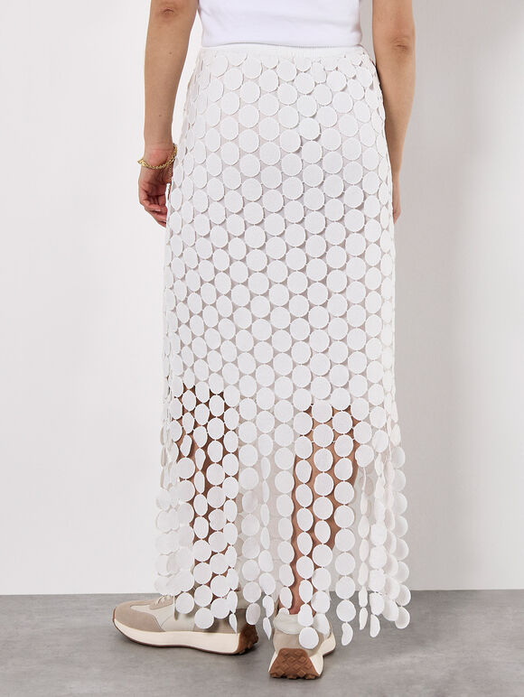 Guipure Circle Lace Fringe Maxi Skirt, Cream, large