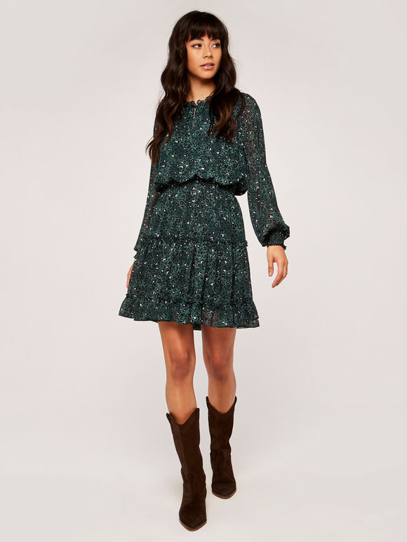 Leopard Tiered Pussybow Dress, Green, large