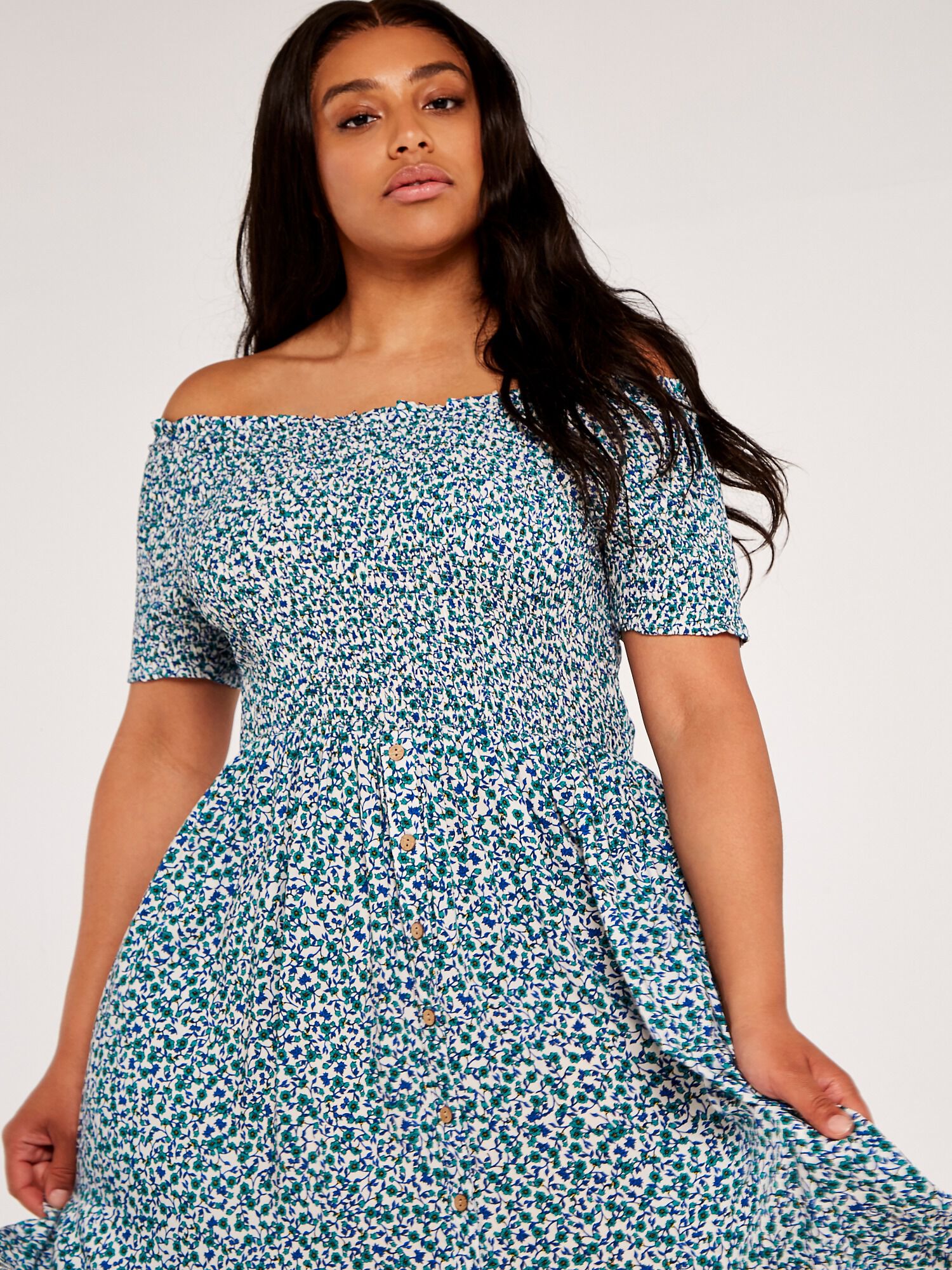Curve Vintage Ditsy Smock Bardot Dress Apricot Clothing