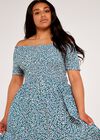 Curve Vintage Ditsy Smock Bardot Dress, Aqua - Turquoise, large