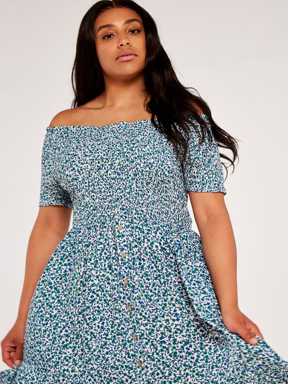 Curve Vintage Ditsy Smock Bardot Dress, Aqua - Turquoise, large