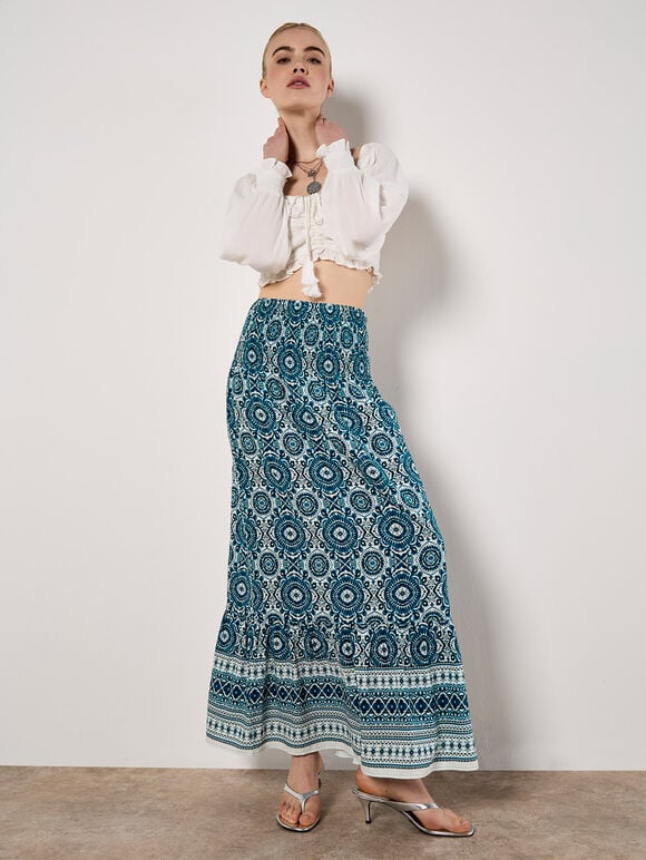 Batik Print Smocked Maxi Skirt, Blue, large