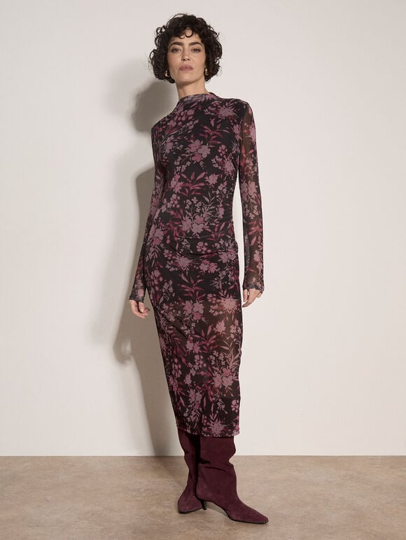 Floral Mesh Midi Dress, Black, large