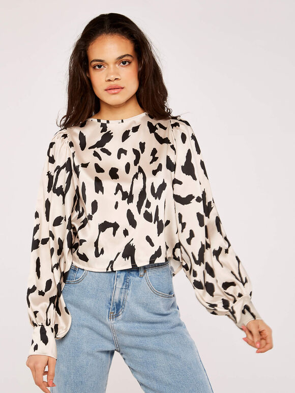 Cow Print Satin Top, Stone, large