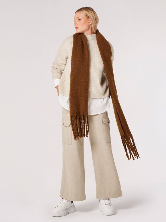 Soft Boucle Tassel Scarf, Brown, large