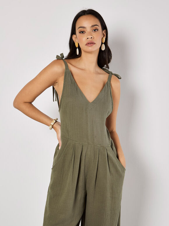 Textured Cotton Wide Leg Jumpsuit, Khaki, large