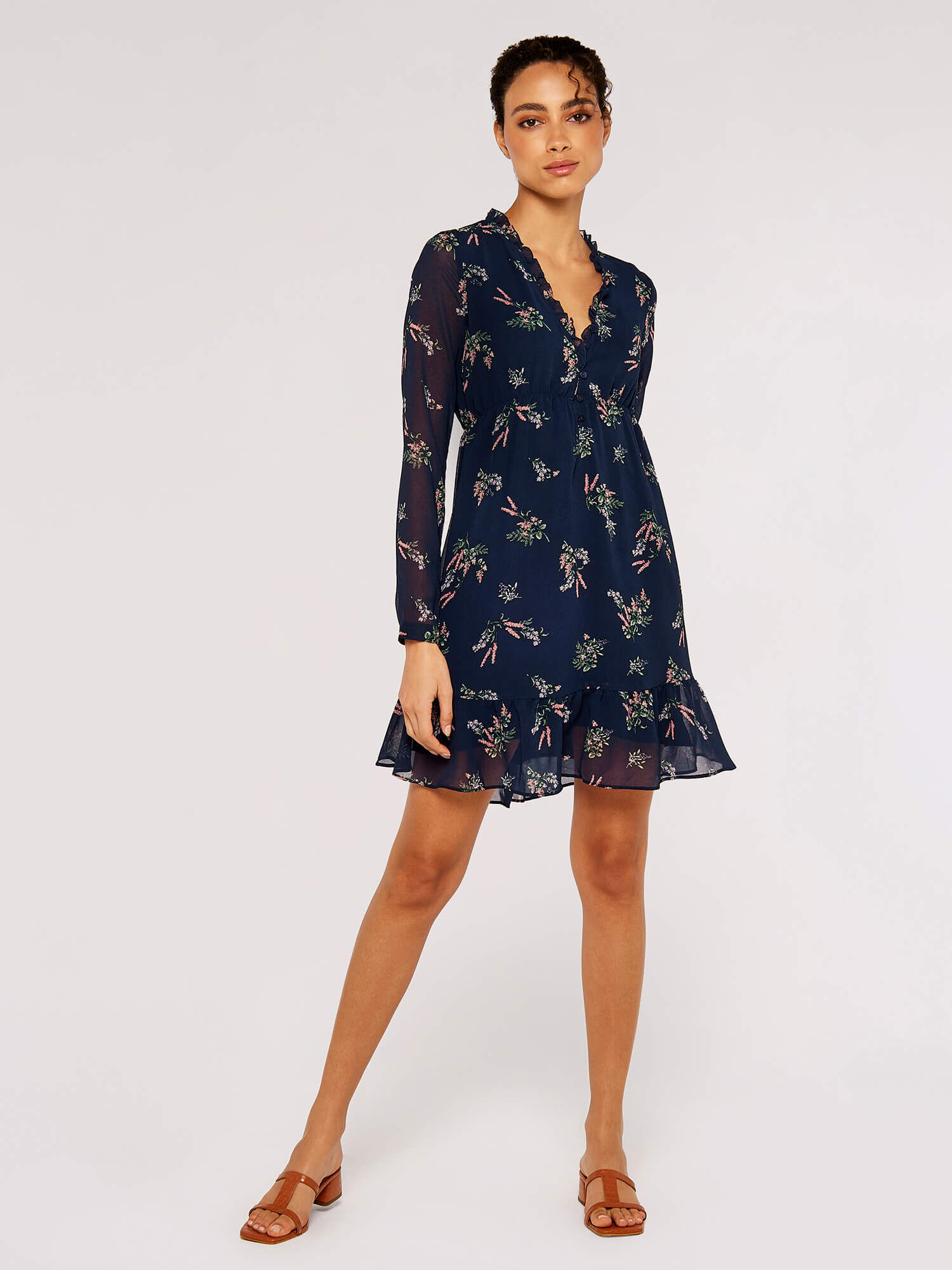 Floral Ruffle Mini Dress Apricot Clothing