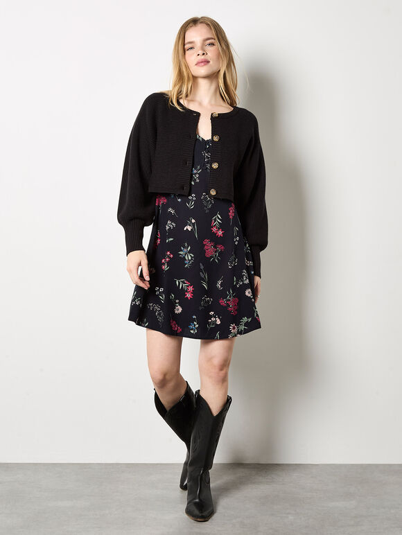 Botanical Floral Smocked Mini Dress, Black, large