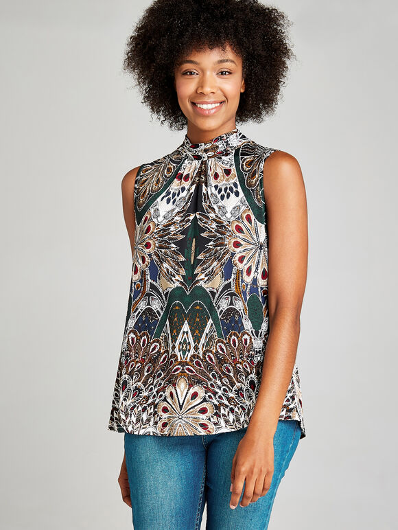 Green  Peacock Feather High Neck Top, Green, large