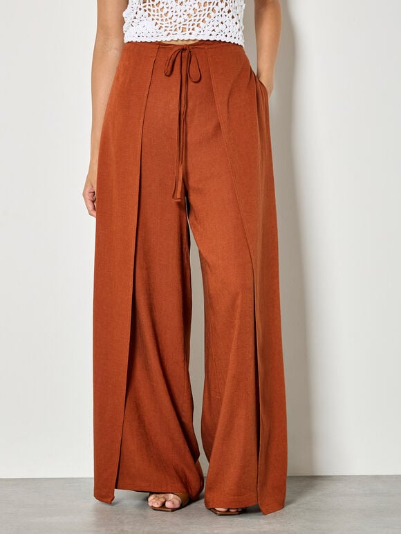 Linen Blend Wrap Wide-Leg Trousers, Rust, large