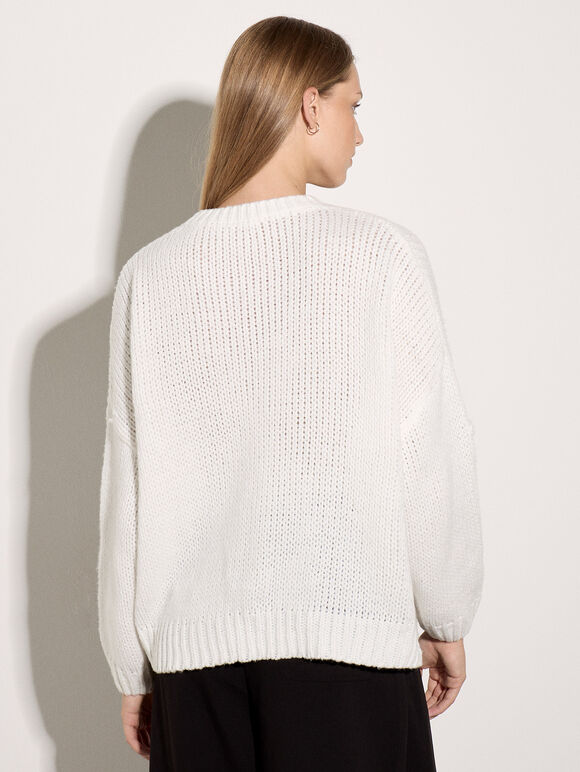 Daisy Applique Chunky Knit Jumper, White, large