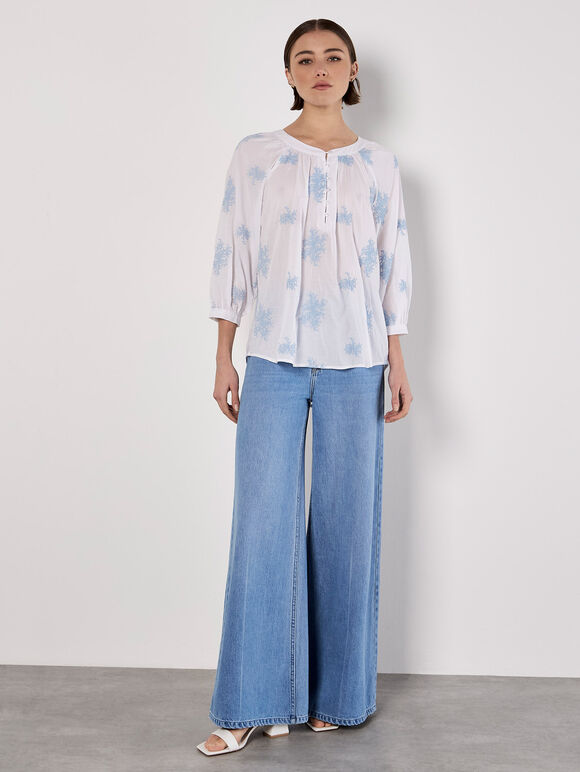 Embroidered Floral Blouse, Blue, large