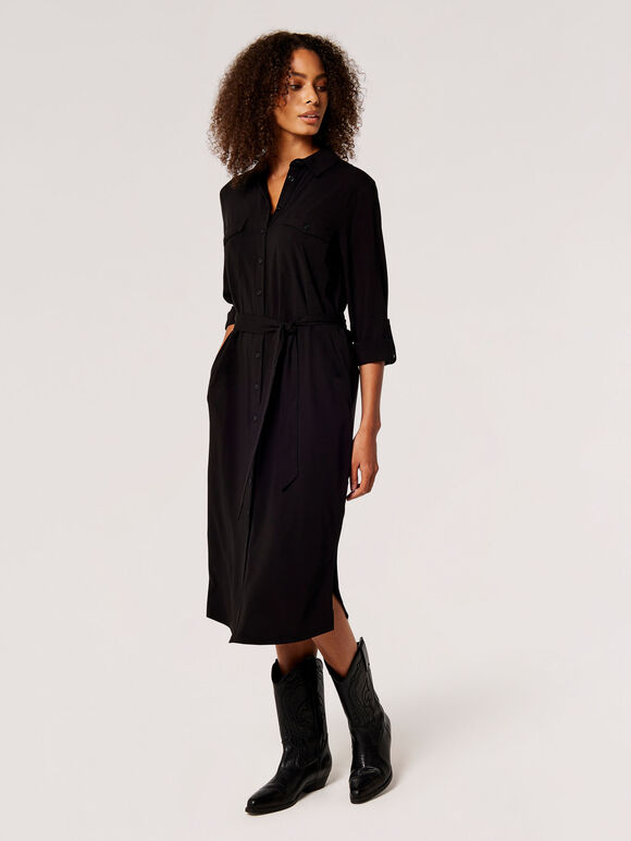 Utility Shirt Midi Dress, Black, large