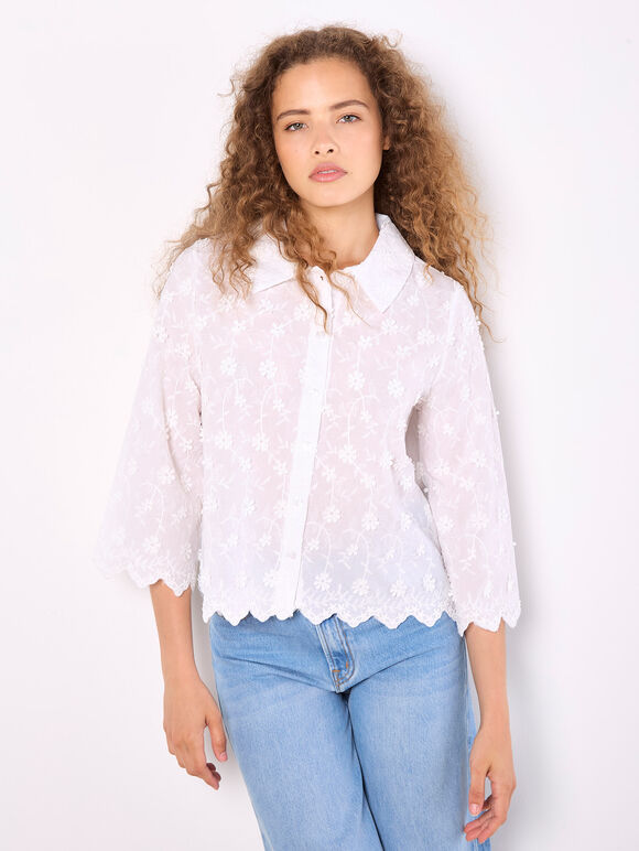 Applique Flowers Cropped Shirt, White, large