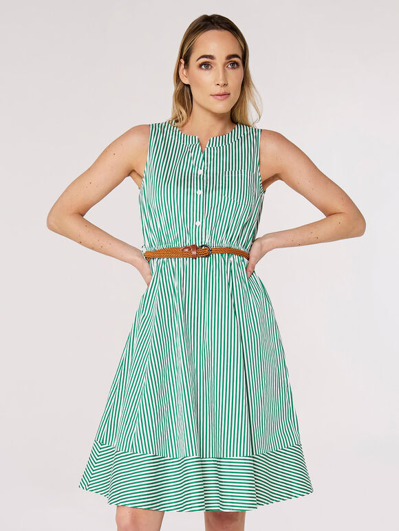 Striped Woven Mini Dress, Green, large