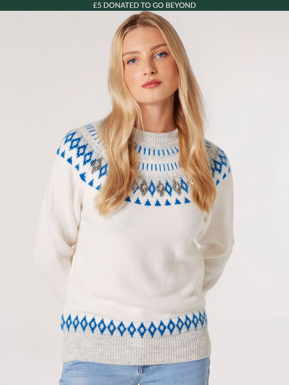 Fair Isle Gem Embellished Jumper, Cream, large