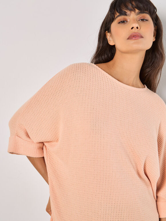 Soft-Touch Batwing Waffle Knit Top, Peach, large