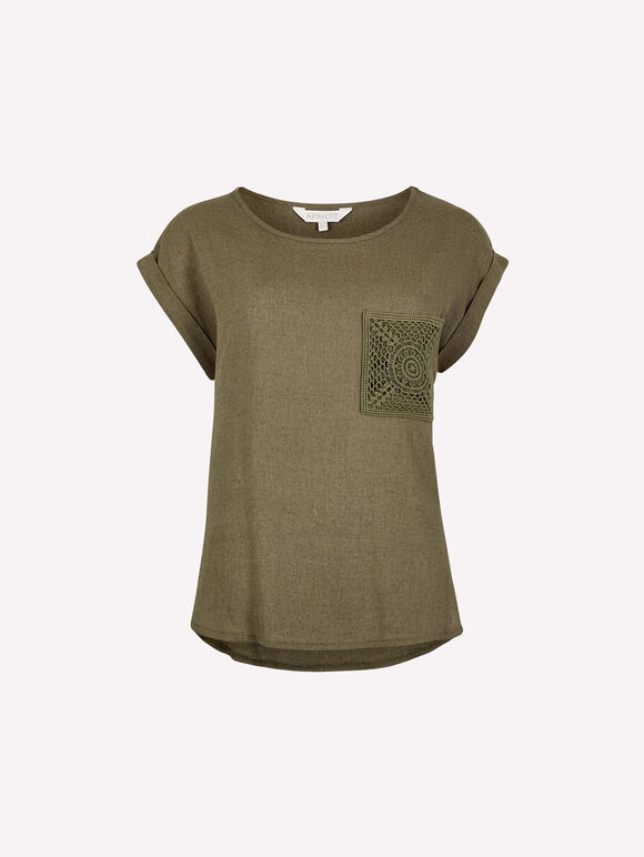 Crochet Pocket Linen Blend T-Shirt, Khaki, large