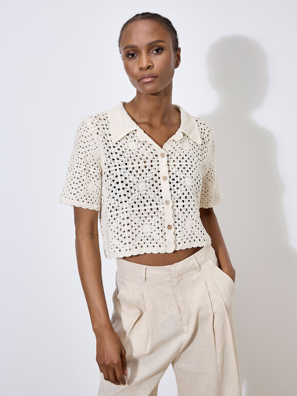 Floral Cotton Crochet Cardigan, Stone, large